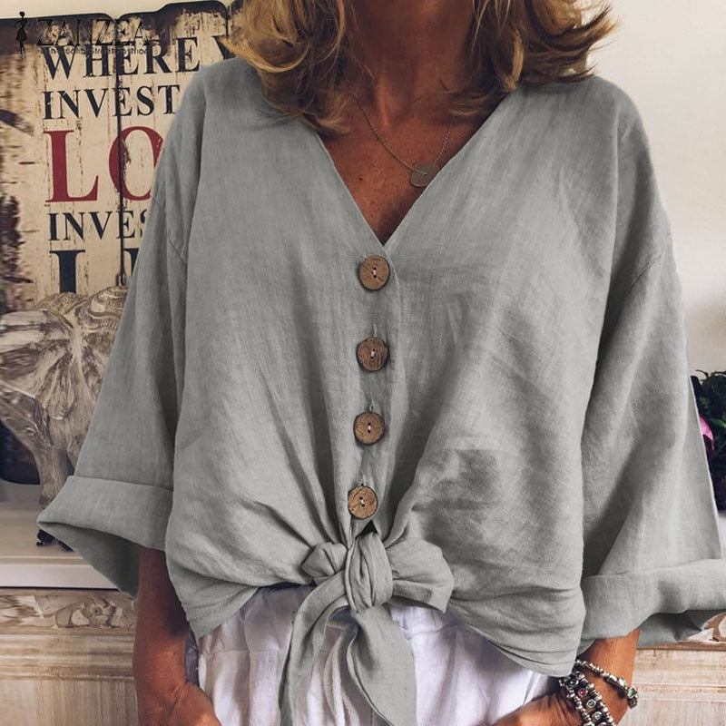 2019 Summer Fashion Blouse ZANZEA Women Long Sleeve Shirt Casual Cotton Linen Tops Sexy V Neck Buttons Down Knot Tunic Plus Size