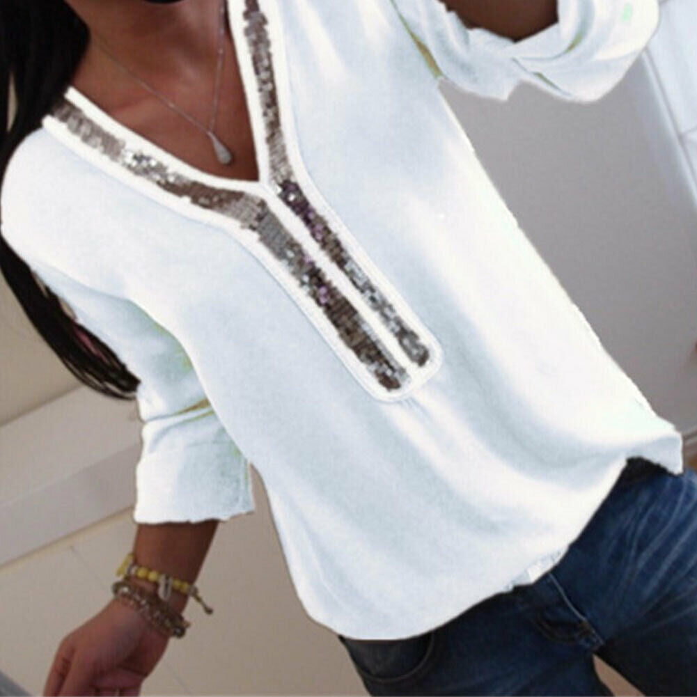 Fashion Women Ladies Long Sleeve Loose Blouse Summer V-Neck Casual Shirts Tops Clothing Sequined Solid Casual Soft Clothes