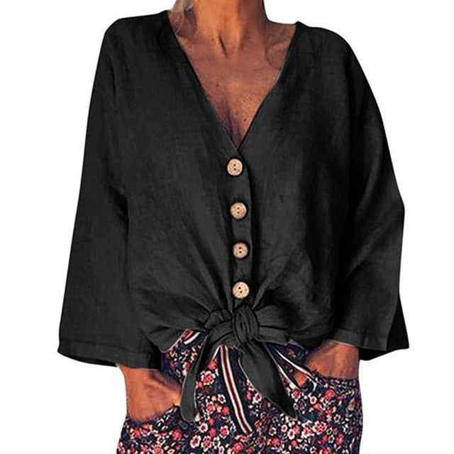 2019 Summer Fashion Blouse ZANZEA Women Long Sleeve Shirt Casual Cotton Linen Tops Sexy V Neck Buttons Down Knot Tunic Plus Size