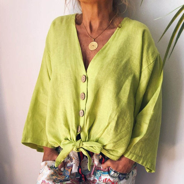 2019 Summer Fashion Blouse ZANZEA Women Long Sleeve Shirt Casual Cotton Linen Tops Sexy V Neck Buttons Down Knot Tunic Plus Size