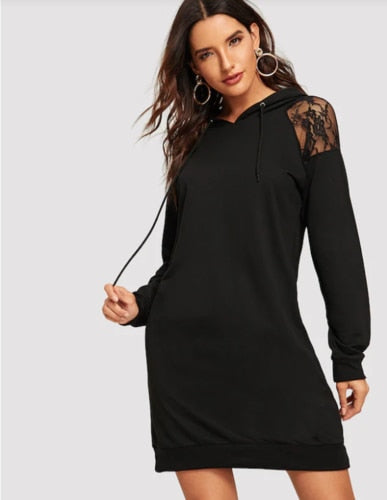European Style 2019 Women Autumn Fashion Elegant Solid Party Dresses Causal Sexy Lace Patchwork Hoodies Long Sleeve Hooded Dress