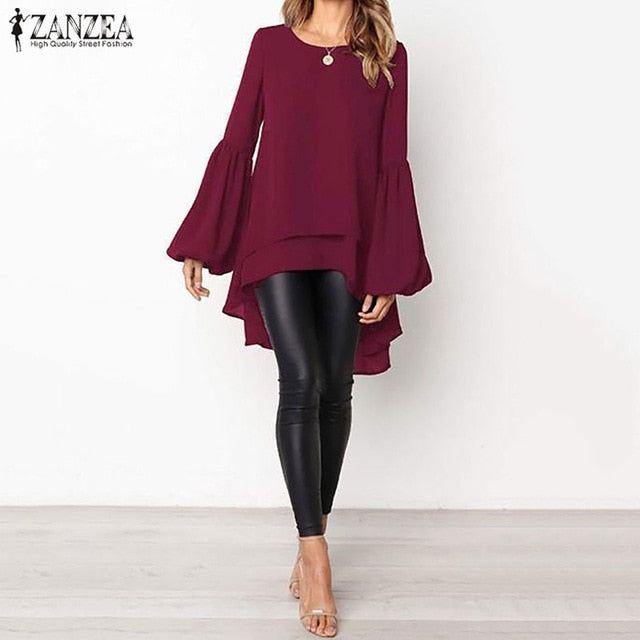 Lantern Sleeve Layered Shirts Women Asymmetrical Blouse 2019 ZANZEA Fashion Tops Female Casual Blusas Femininas Plus Size Shirts