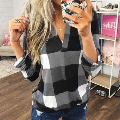 Spring and Autumn Fashion Casual Shirt Plaid Print V-neck Long Sleeve Top