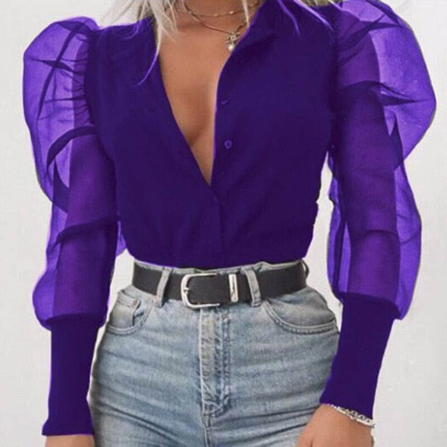 New Women Mesh Sheer Blouse See-through Puff Long Sleeve Blouse Fashion Pearl Transparent White Shirt Female Blusas Autumn Tops