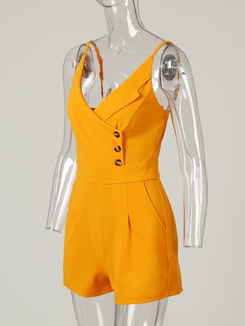2020 Summer Women Elegant OL Style Casual Playsuit Female Leisure Short Jumpsuit Solid Spaghetti Strap Buttoned Romper