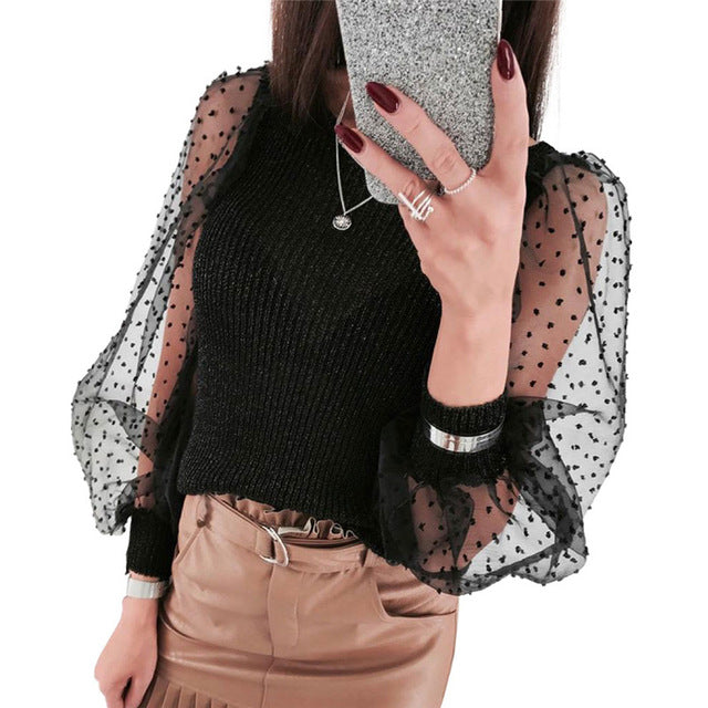 Elegant Knitted Patchwork Tops Blouse Mesh Puff Sleeve O-neck Streetwear 2019 New Fashion
