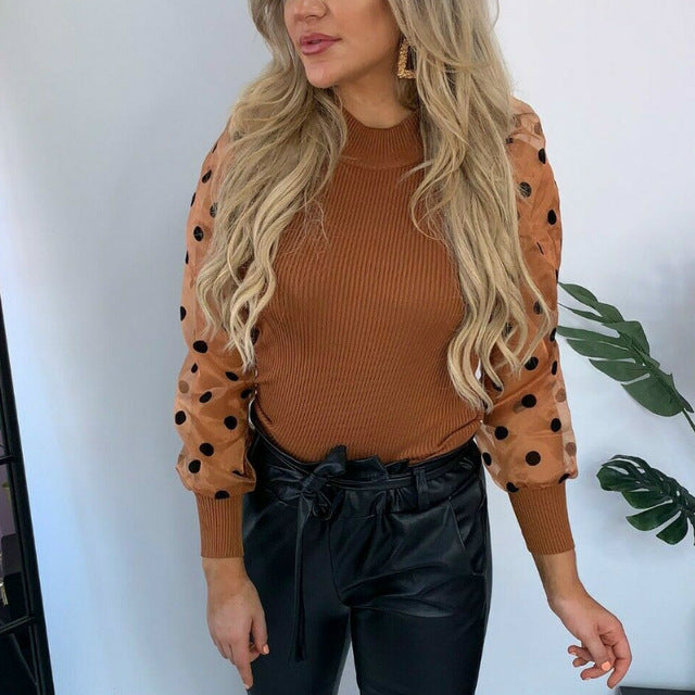 Elegant Knitted Patchwork Tops Blouse Mesh Puff Sleeve O-neck Streetwear 2019 New Fashion