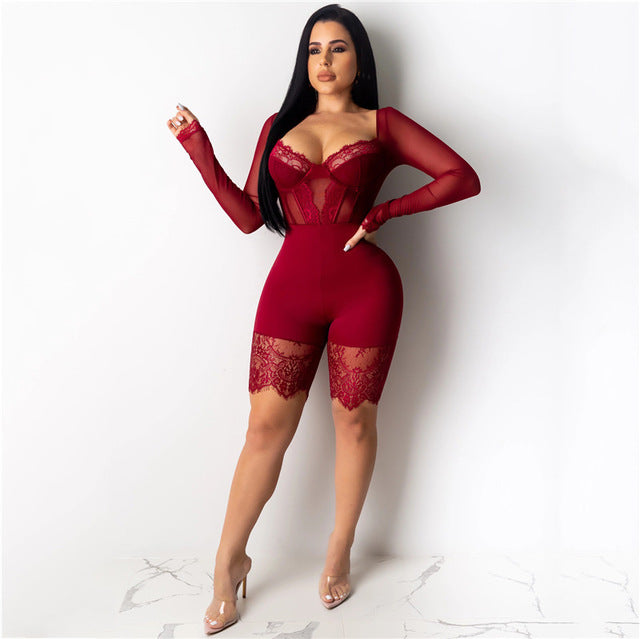 WUHE Lace Patchwork Sexy Spaghetti Strap Jumpsuits Women Off Shoulder Sleeveless Elegant Bodycon Bandage Party Short Playsuits