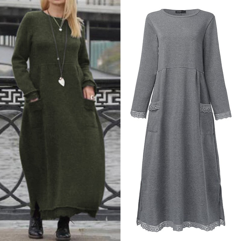 Fashion Women's Autumn Sundress ZANZEA 2019 Lace Patchwork Sweatshirts Dress Female Hoodies Plus Size Maxi Vestidos Pullover 5XL
