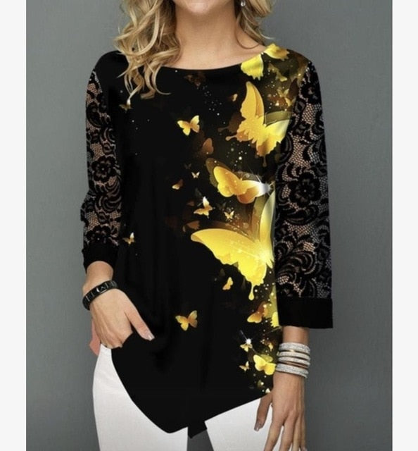 Shirt Women Spring Summer  Blouse 3/4 Sleeve Casual Printing  Female fashion shirt Tops Plus Size 5XL StreetShirt