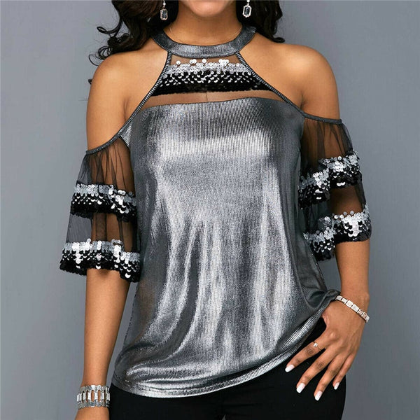 Women Mesh Sequins Blouse Tops New Lady Hollow Out Patchwork Fashion Shirts Off Shoulder Short Sleeve Summer Clothes Vogue Shirt