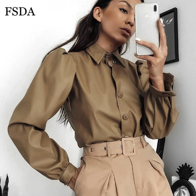 FSDA Long Puff Sleeve Turn Down Collar Women Shirt Button Faux Leather Elegant Fashion Autumn Winter Casual Brown Blouse Tops