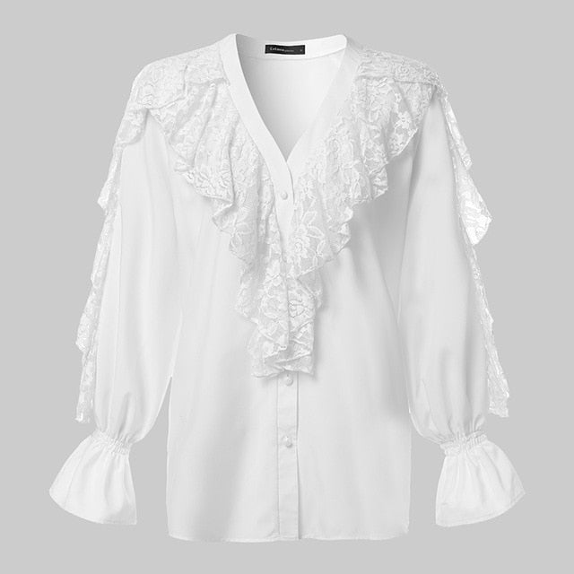 Plus Size Celmia Ruffled Blouse Women Summer Stylish Tops Sexy V neck Long Sleeve Shirt Female Casual Buttons Sweet Blusas S-5XL