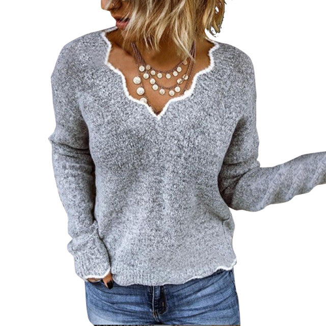 Fashion Women Blouse Deep V Striped Thin Sweater Autumn Knitwear Tops Casual Long Sleeve Shirt Jumper VONDA Femme Pullover Blusa