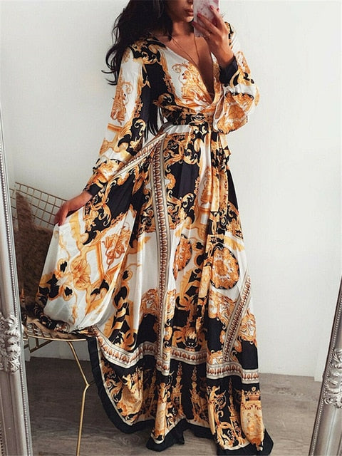 2019 New Style Fashion Elegant Women Sexy Boat Neck Glitter Deep V Neck Print Party Dress Formal Long Dress Sexy Clubwear