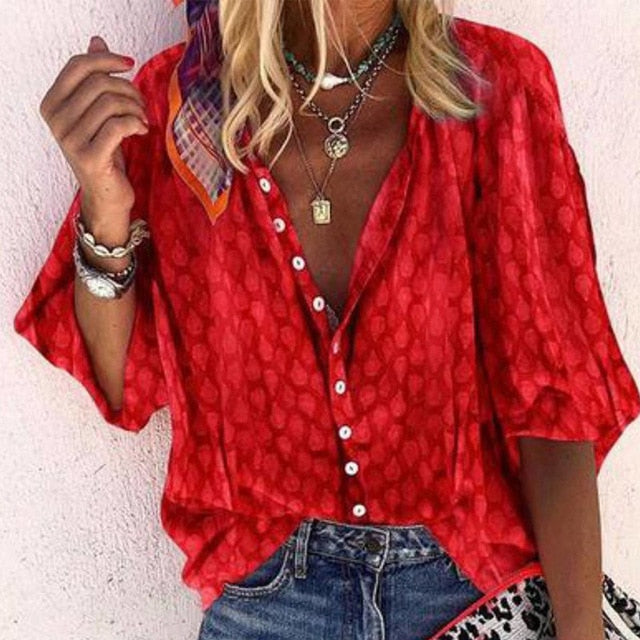 Women's V-Neck Half Sleeve Shirt Single Breasted Print Solid Shirts Top For Femaninie 2020 Summer Autumn Fashion Ladies Clothing