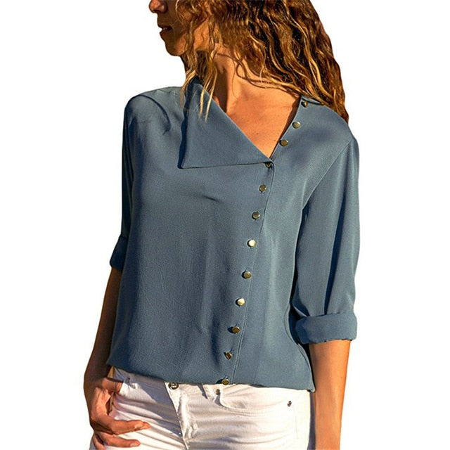 Leisure Blouse 2020 Fashion Long Sleeve Women Blouses and Tops Skew Collar Solid Office Shirt Casual Tops Blusas Chemise Femme