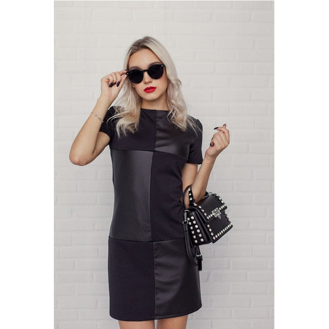 Femmes Vintage en cuir Patchwork élégant bureau robe à manches longues O cou solide décontracté Mini robe 2019 hiver nouvelle robe de mode