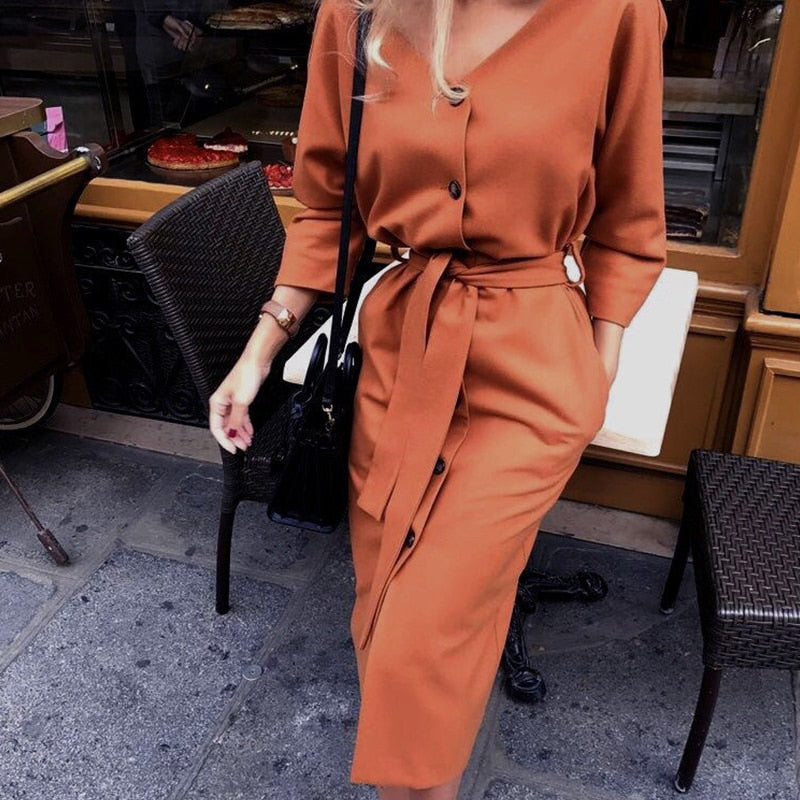 Sexy decote em v outono manga comprida vestido feminino senhoras faixas botão vestido de escritório casual 2019 nova moda feminina midi vestido vintage