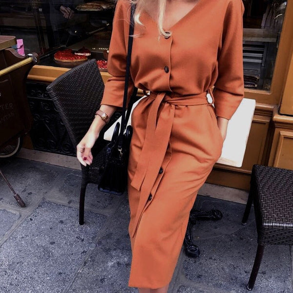 Sexy decote em v outono manga comprida vestido feminino senhoras faixas botão vestido de escritório casual 2019 nova moda feminina midi vestido vintage