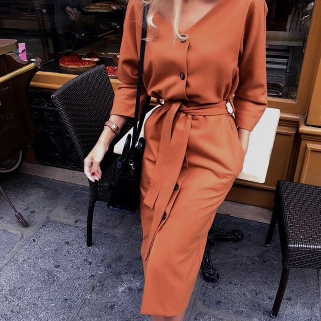 Sexy decote em v outono manga comprida vestido feminino senhoras faixas botão vestido de escritório casual 2019 nova moda feminina midi vestido vintage