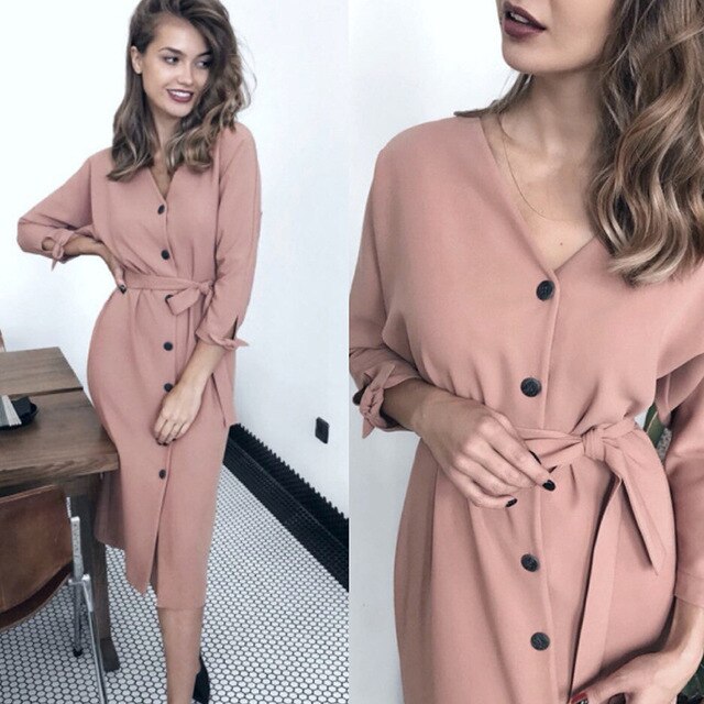 Sexy decote em v outono manga comprida vestido feminino senhoras faixas botão vestido de escritório casual 2019 nova moda feminina midi vestido vintage