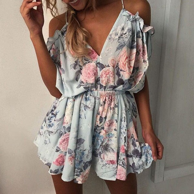 Wuhaobo Sexy Slash Neck Bohemian Playsuit Floral Printed Catsuit Off Shoulder Female Jumpsuit 2017 Summer Bodysuits For Women