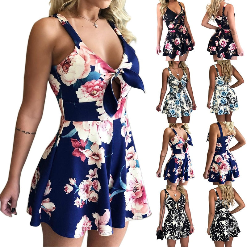 Sleeveless Backless Bohemian Beach Rompers Femaler Print Floral Overalls Casual Short Summe Jumpsuit Women Sexy Mini Playsuit